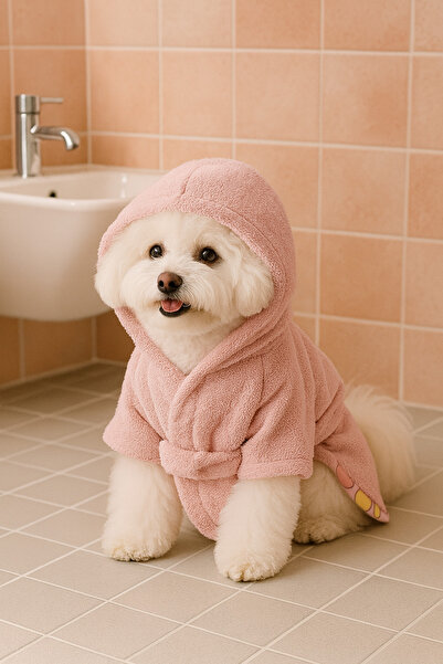 Patilemece Pembe Desenli Köpek Bornozu