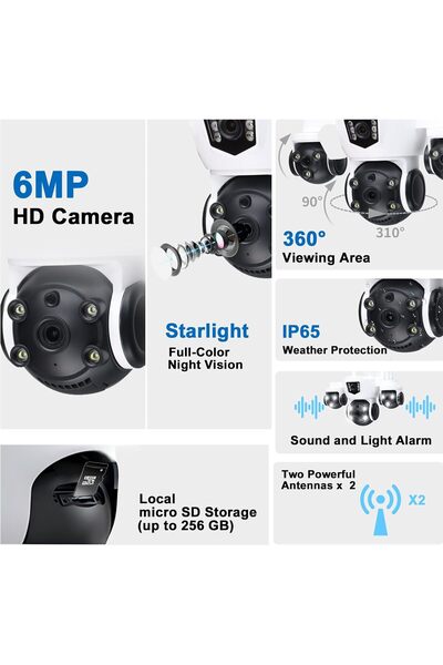 Midcom Mizu 6MP Üç Kameralı 10X Dijital Zoom Gece Görüş Wifi Sesli Türkçe Adaptör Dahil