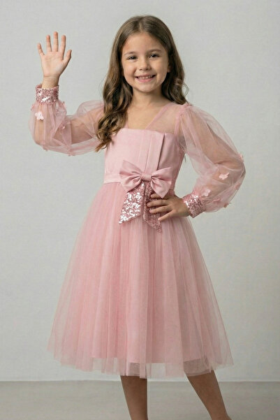 FATELLA Girl's Pink Tulle Evening Dress with Bow at the Waist and Flower Deta...