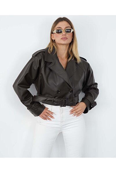 VESS MODA Women's Stylish Leather Jacket with Sleeve Belt Detail, Bitter Brown