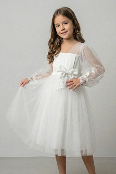 FATELLA Girl's White Tulle Evening Dress with Bow at the Waist and Flower Det...