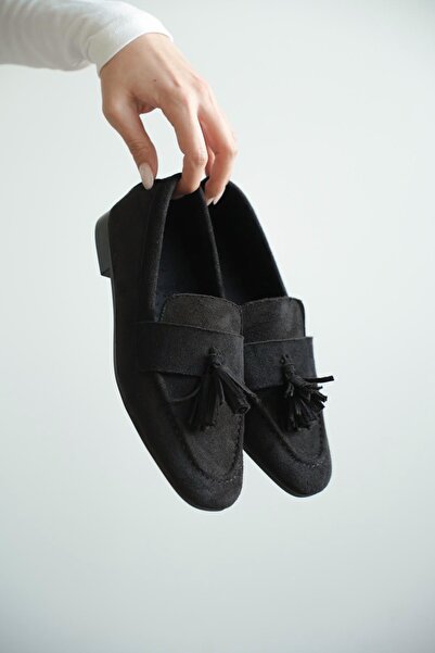 MODAADAM Women's Boos Flat Sole Tasseled Ballerinas - Black Suede