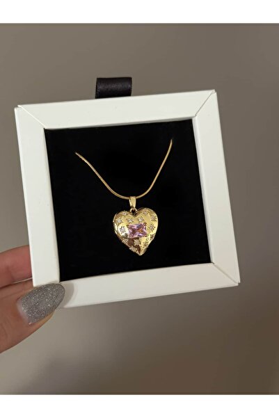 h&b design jewel Çelik Pembe Kalpli Kapaklı Kolye