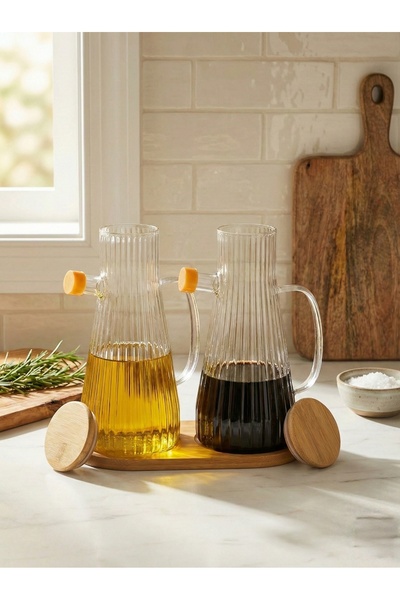 Le Paon 2’li 900 ml Borosilikat Cam Yağdanlık Sirkelik Seti - Bambu Kapaklı v...