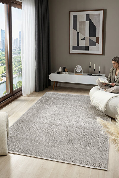 CASERA HOME Zen Gri Etnik Desen Bohem Otanik Dokuma Makinada Yıkanan Kaymaz T...
