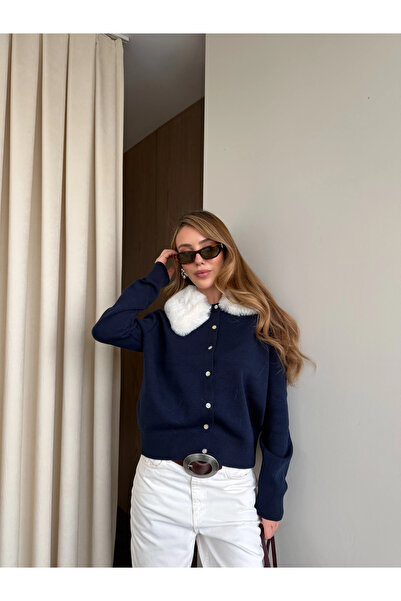 Laluvia Navy Blue Fur Collared Cardigan - 261002