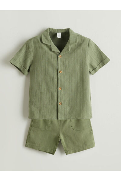 LC Waikiki Green Linen Blend Boys' Shirt and Shorts 2-Piece Set
