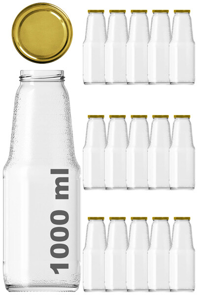 Afracam 1000 ml Şeffaf Meyve Suyu, Meşrubat, Limonata Şişesi Metal Gold Kapak...