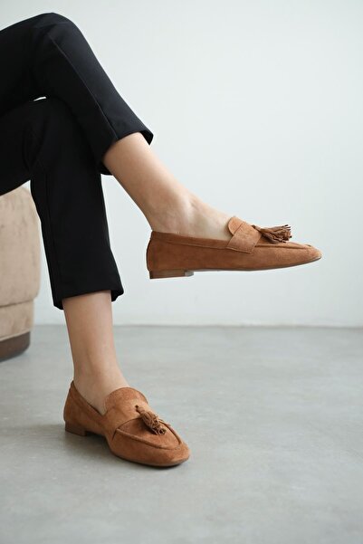 GOFFSHOES Kadın Boos Düz Taban Püsküllü Babet - Taba Süet