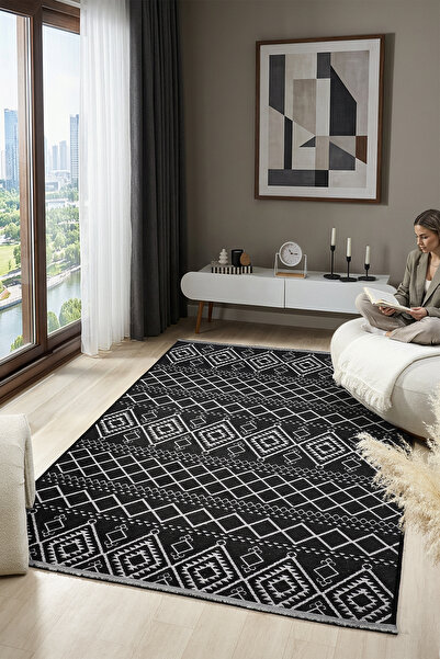 CASERA HOME Zen Siyah Etnik Desen Bohem Otanik Dokuma Makinada Yıkanan Kaymaz...