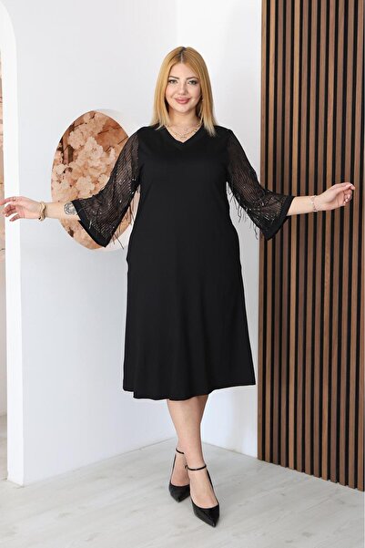 Siyezen Plus Size Dress with Sequin Embroidered Sleeves