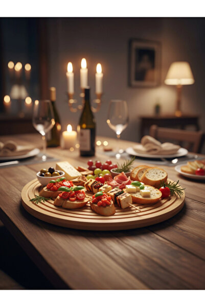 MyBru Bambu Yuvarlak Şeritli Sunum Tabağı Servis Tabağı 28 Cm