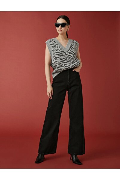 WODDİ Alina Lycra High Waist Wide Leg Loose Jens Women's Black Denim Trousers