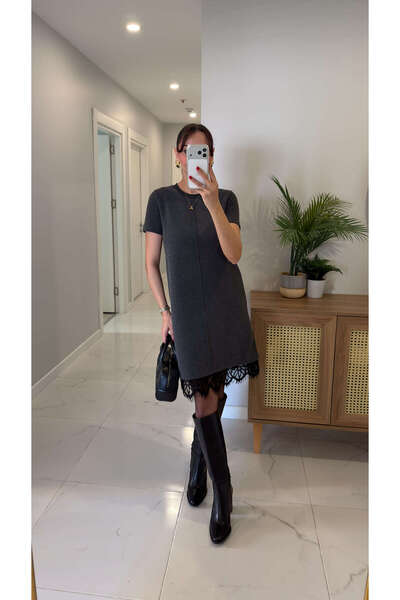 BİRCANÇİL Kensa Anthracite Front piped Hem Lace Dress