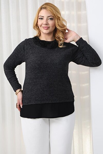 Siyezen Plus Size Soft Sweater with Rose Detail on the Collar
