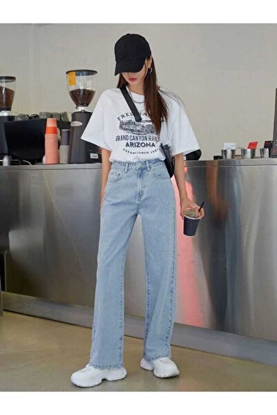 WODDİ Layana Blue Snow Wash High Waist Wide Leg Denim Jeans Pants Women's Loo...