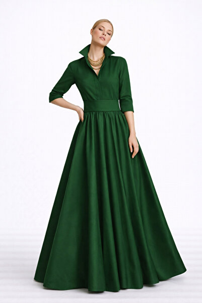 UNTIMELY Duckbill Green Taffeta Maxi Shirt Dress with Thick Belt & Hidden Pla...