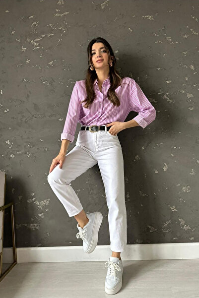 WODDİ Pamela White Colorfast Power Mom Jean Women's Boyfriend High Waist Lycr...