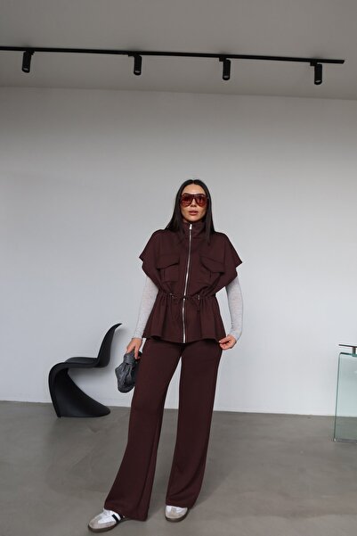 Özge Özgenç Çift Cepli Fermuarlı Modal Yelek Takım