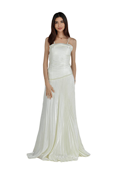 TREN Ivory Crinkle Fabric Long Gown with Spaghetti Straps and Embroidery for ...