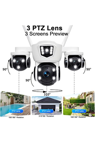 Midcom Mizu 6MP Üç Kameralı 10X Dijital Zoom Gece Görüş Wifi Sesli Türkçe Adaptör Dahil