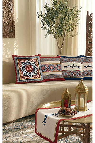 Cango Home Mavi Kırmızı Motifli Ramazan Temalı 4'lü Kırlent Kılıfı 1 Runner Seti 4KMBS334-RS