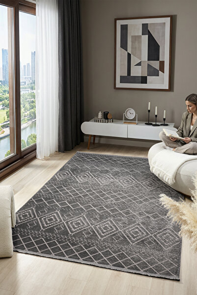 CASERA HOME Zen Antrasit Etnik Desen Bohem Otanik Dokuma Makinada Yıkanan Kay...