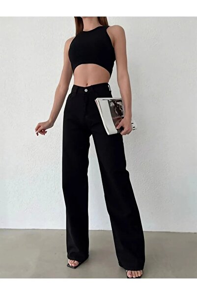 WODDİ Scarlet Black Super High Waist 90's Wide Leg Loose Leg Comfort Lycra Wo...