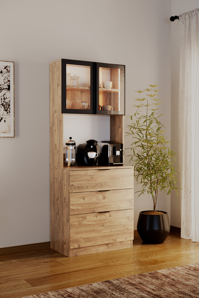 Evdemo Sierra Temperli Cam Kapaklı Ledli Kahve Köşesi Mutfak Kiler Dolabı Çam