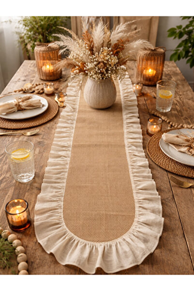 Kitchen Vogue Bohem Hasır Runner Masa Örtüsü | Keten Fırfırlı Rustik Hasır De...
