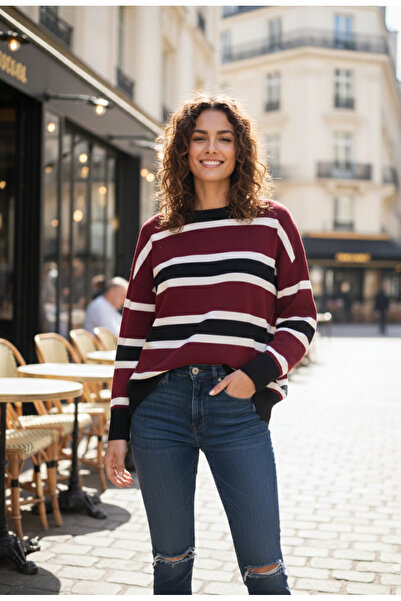 K-ODEA BUTİK Burgundy Striped Knitwear Sweater