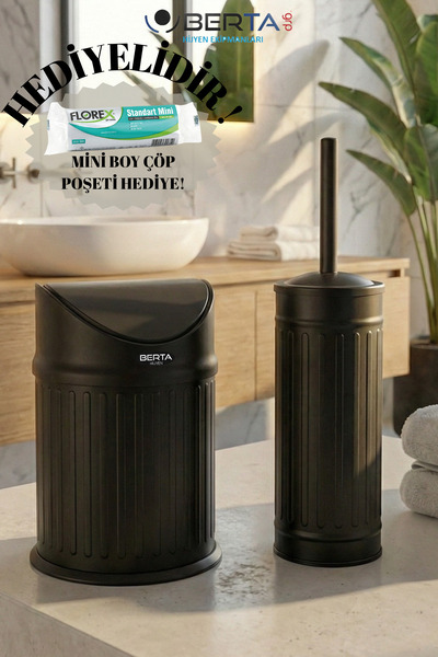 Berta Hijyen Vintage İkili Banyo Seti Pratik Siyah Çöp Kovası 3lt Tuvalet Fır...