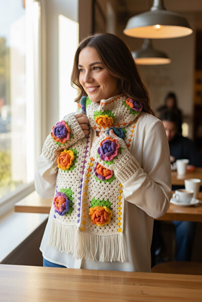 satürn hobi örgü tasarım Knitted Colorful Rose Motif Bohemian Beige Scarf & G...