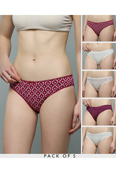 R&B Women Burgundy 5 Pack Printed Bikini Briefs