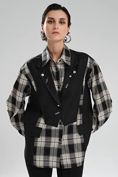tw3 Women's Plaid Fabric Garnished Design Jacket Shirt