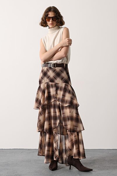 TLG GİYİM Women's High Waist Plaid Patterned Chiffon Layered Long Skirt