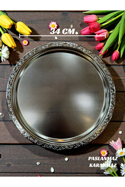 İnterlife Decorative Round Silver Color Stainless Steel Tray |   Coffee Prese...