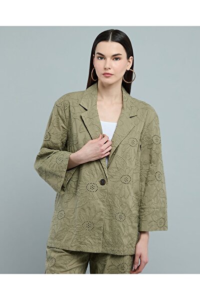 R&B Embroidered Woven Jacket with Lapel Collar and Long Sleeves