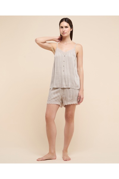 R&B Women Beige Striped Strappy Shorty Pyjama Set