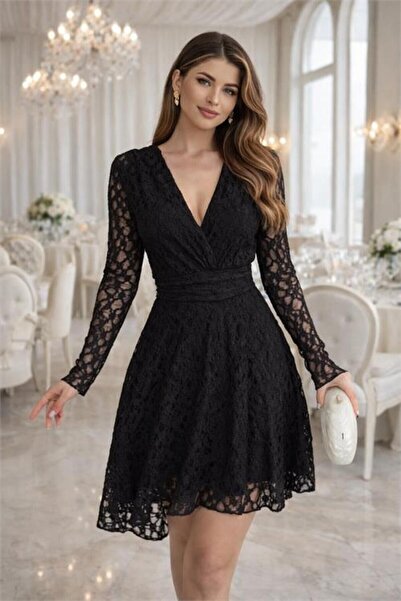 Neşeli Butik Women's Black Double-Breasted Collar Lace Fabric Mini Dress