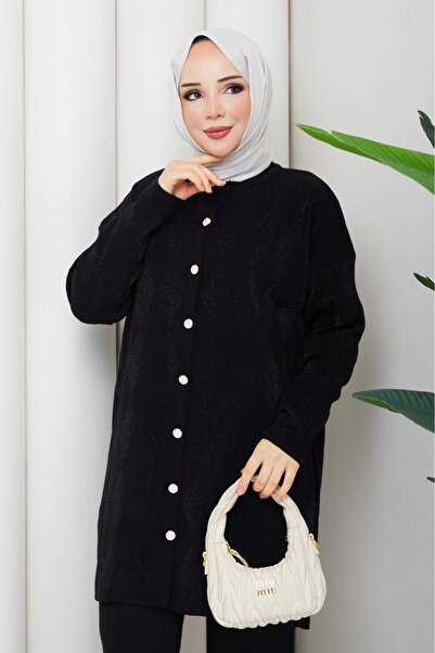 MİREL BUTİK Women's Buttoned Glittery Knitted Tunic Trouser Set