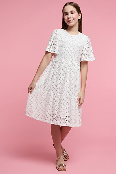 R&B Openwork Flared Dress with Crew Neck and Flared Sleeves