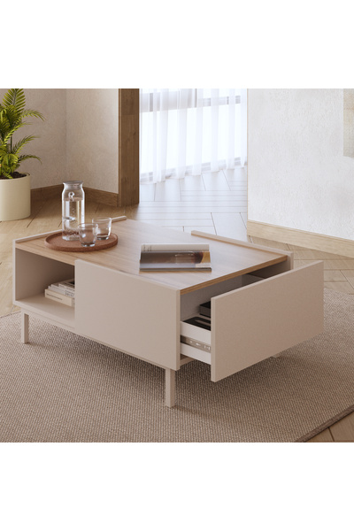 Yurudesign Sedra Orta Sehpa Ahşap Ayaklı Çekmeceli Raflı Kumsal-Sepet SD4-CS