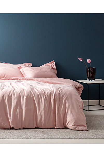 Madame Coco Elicia Double 100% Cotton Striped Satin Duvet Cover Set - Powder