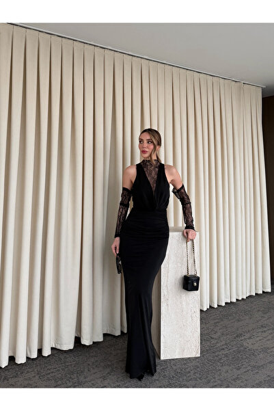 Laluvia Black Degaje Collar Lace Dress with Gloves - 20117