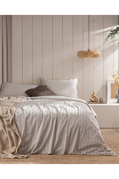 Madame Coco Melicia Single Cotton Striped Satin Duvet Cover Set - Beige