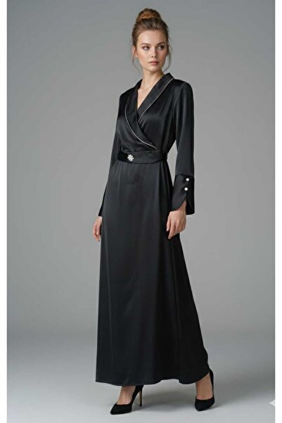 WEAR CO STILL Kadın Siyah Saten Uzun Elbise – Kruvaze Yaka, Kemerli, Şık Taşl...
