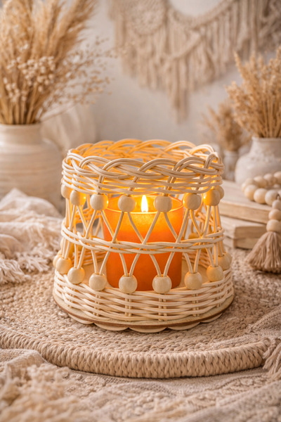 REMO Dekoratif Ahşap Boncuklu Rattan Mumluk Çiçeklik Dekor ( 15 *15 cm)