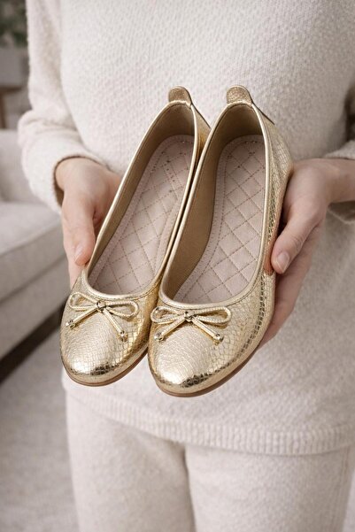 Moda Alvera Nora Women's Gold Ballerina Shoes with Bow Detail, Stylish and Co...