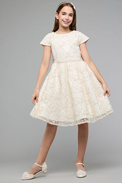 R&B Self Patterned Fit & Flare Dress with Crew Neck and Short Sleeves